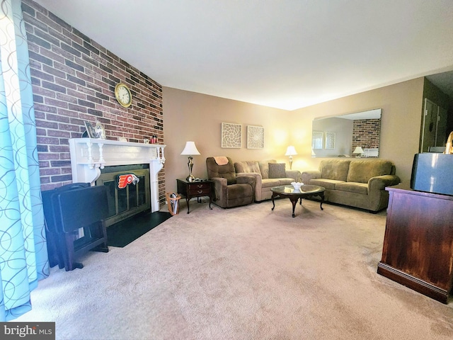 carpeted living area featuring a fireplace