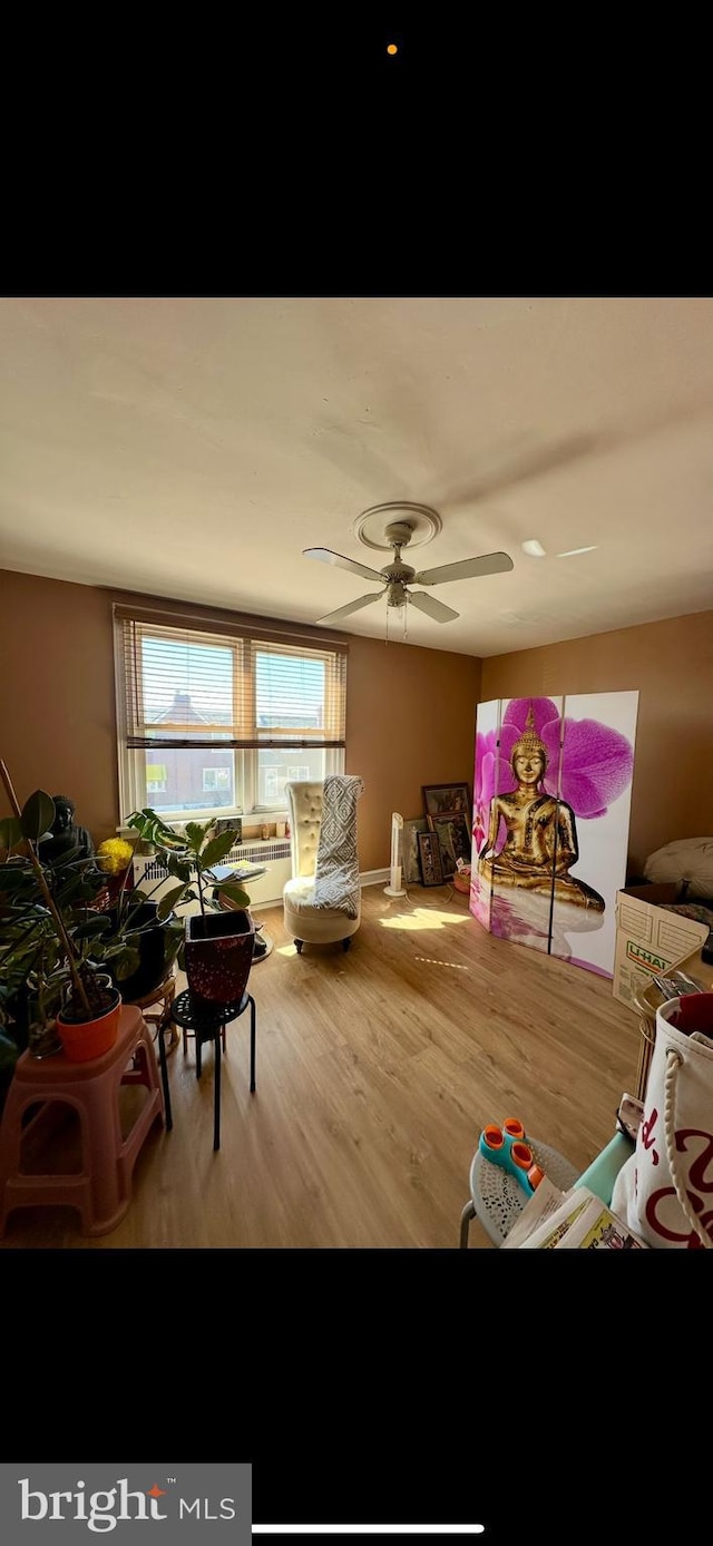 living area with wood finished floors and a ceiling fan