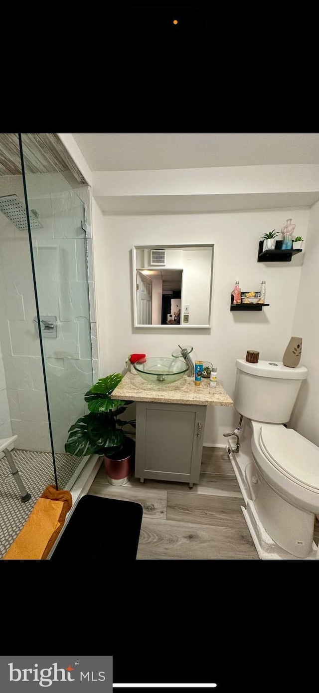 bathroom featuring vanity, toilet, wood finished floors, and a stall shower