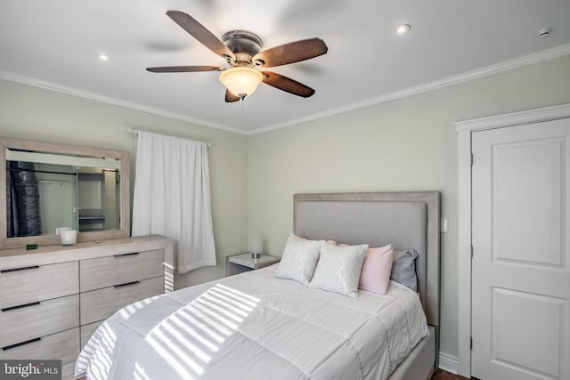 bedroom featuring recessed lighting, ornamental molding, and ceiling fan