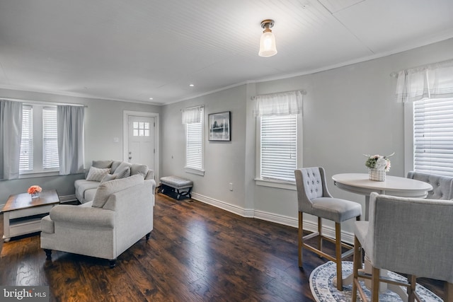 living room with ornamental molding, baseboards, and wood-type flooring