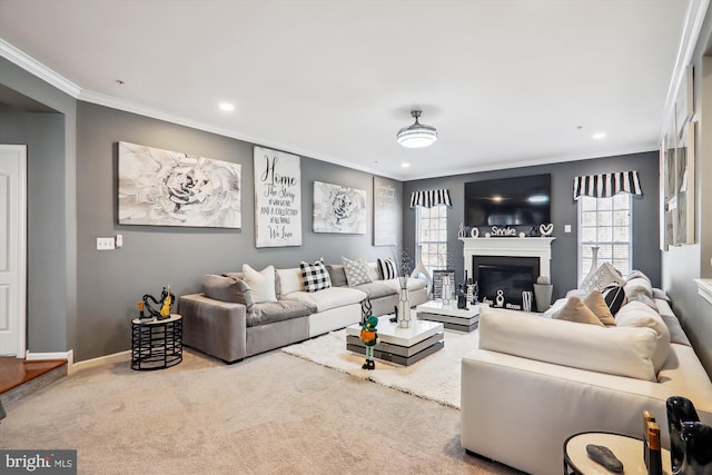 carpeted living area with a glass covered fireplace, recessed lighting, crown molding, and baseboards