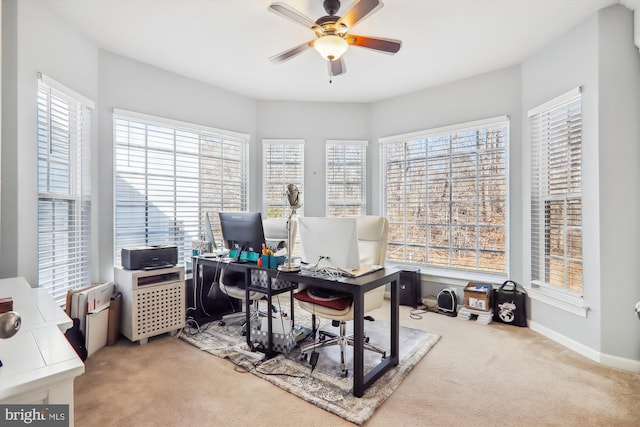 office space featuring baseboards, carpet, and ceiling fan