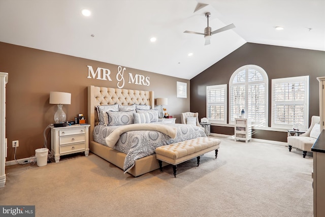 carpeted bedroom featuring vaulted ceiling, recessed lighting, a ceiling fan, and baseboards