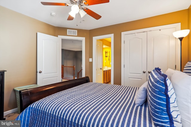 bedroom with visible vents, baseboards, a closet, and ceiling fan