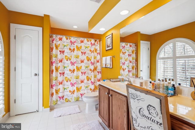 full bath featuring visible vents, toilet, recessed lighting, tile patterned flooring, and vanity