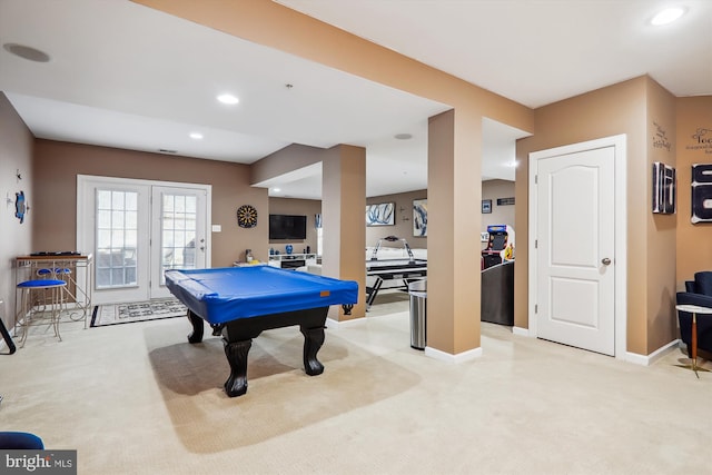 game room featuring recessed lighting, baseboards, light carpet, and pool table