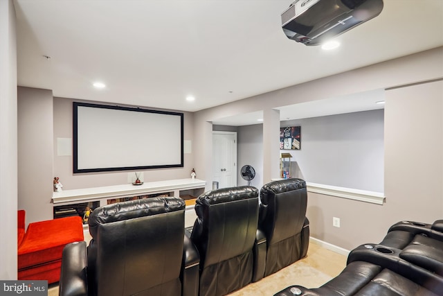 home theater featuring recessed lighting, carpet, and baseboards