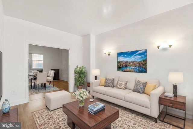 living area with baseboards and wood finished floors