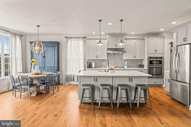 kitchen with light wood finished floors, tasteful backsplash, under cabinet range hood, light countertops, and appliances with stainless steel finishes