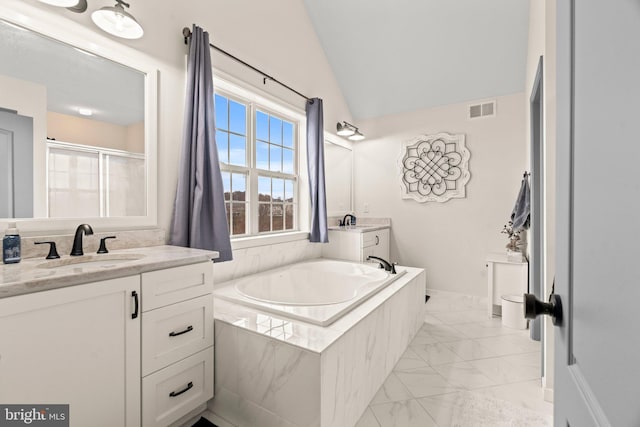 full bathroom featuring visible vents, a shower stall, a garden tub, marble finish floor, and vanity