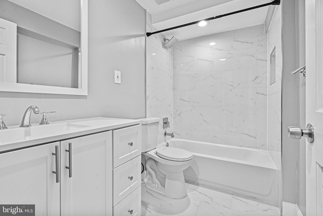 full bath featuring visible vents, toilet, marble finish floor, shower / washtub combination, and vanity