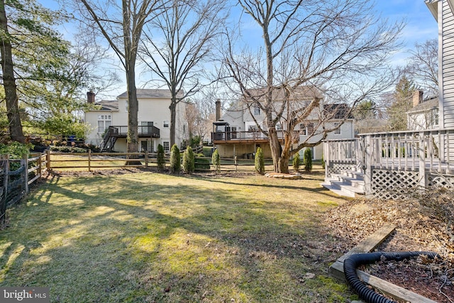 view of yard with a wooden deck and a fenced backyard