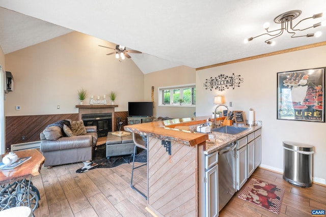 2225 Tanners Rdg, Condos, Wintergreen Resort, VA 22967 - kitchen featuring a sink, dishwasher, ceiling fan, light wood-style floors, and a baseboard radiator