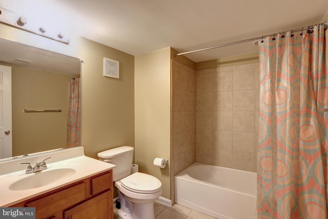 full bath featuring visible vents, toilet, shower / bath combo with shower curtain, tile patterned floors, and vanity