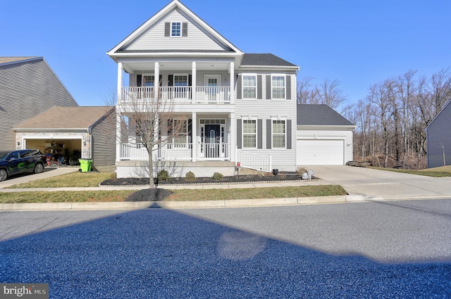 greek revival house with driveway, a porch, roof with shingles, a garage, and a balcony