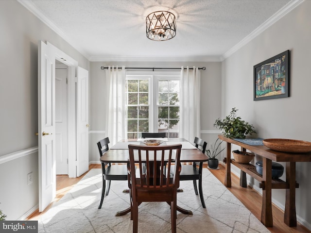 dining space featuring crown molding, baseboards, light wood finished floors, and a textured ceiling