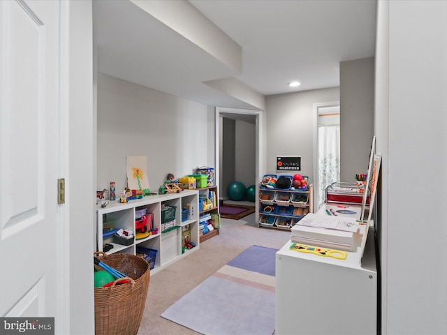 playroom with carpet flooring and recessed lighting