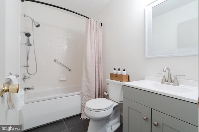 full bath featuring tile patterned flooring, shower / bath combination with curtain, toilet, and vanity