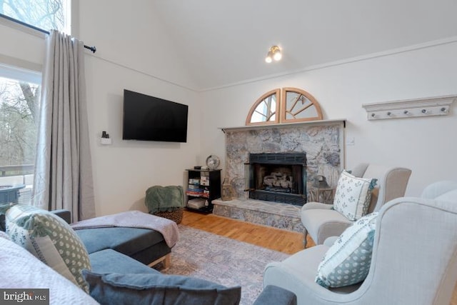 living room with vaulted ceiling, a fireplace, and wood finished floors