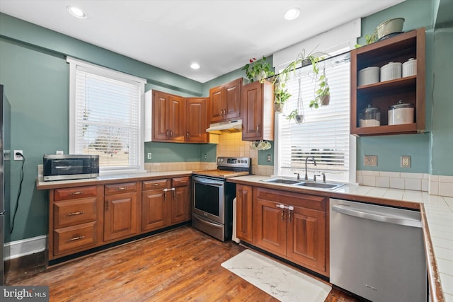 kitchen featuring a sink, plenty of natural light, appliances with stainless steel finishes, and under cabinet range hood