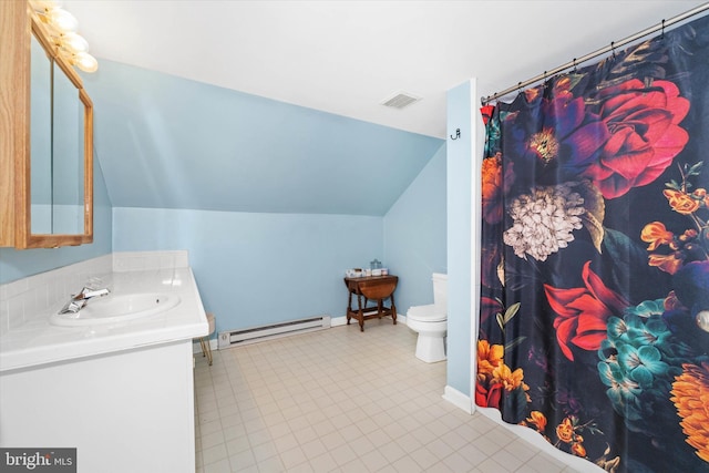 bathroom featuring visible vents, toilet, a baseboard radiator, vanity, and vaulted ceiling