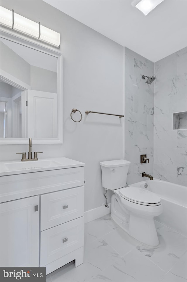 bathroom with toilet, marble finish floor, shower / tub combination, baseboards, and vanity