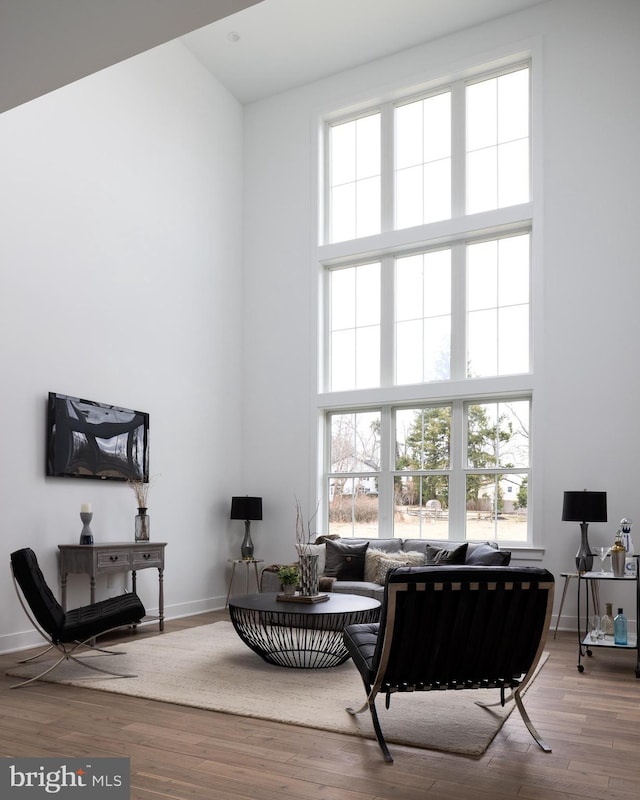 living room with baseboards, wood finished floors, and a towering ceiling