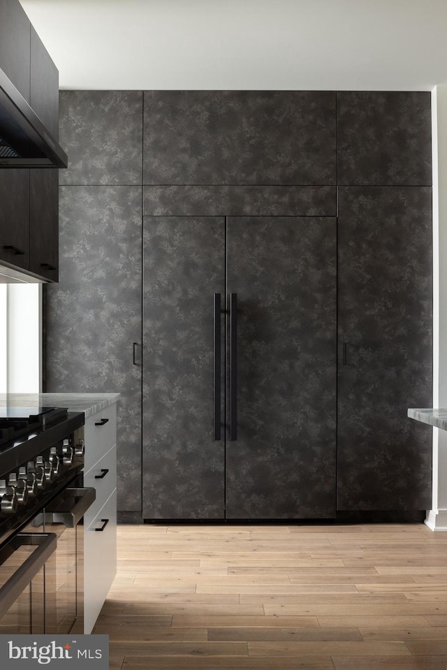 interior space featuring light wood finished floors, stove, extractor fan, and modern cabinets