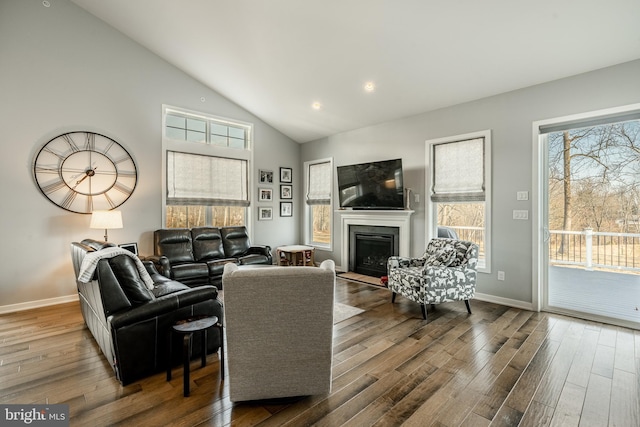 living room featuring a fireplace, baseboards, and wood-type flooring