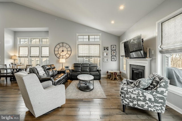 living area featuring a glass covered fireplace, baseboards, and hardwood / wood-style flooring