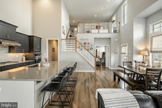 kitchen with baseboards, a breakfast bar, dark wood-type flooring, under cabinet range hood, and dark cabinets