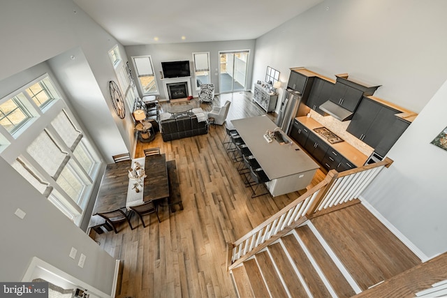 living room featuring a glass covered fireplace, baseboards, and wood finished floors