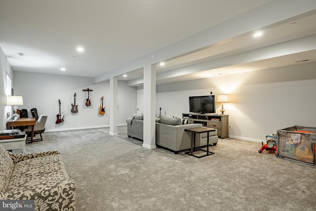 living room featuring recessed lighting, light colored carpet, and baseboards