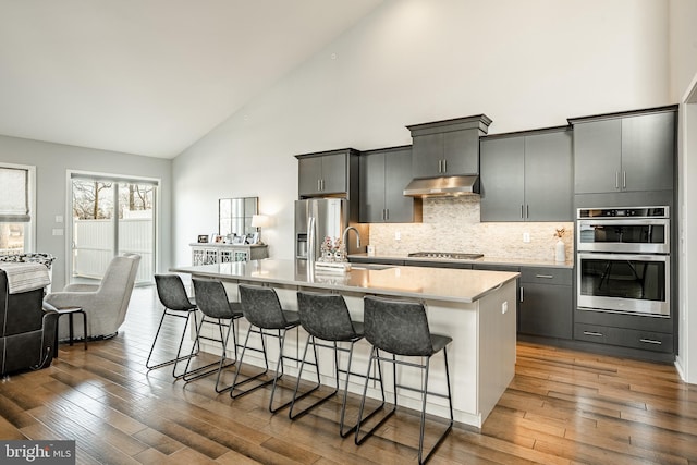 kitchen with under cabinet range hood, a spacious island, stainless steel appliances, wood-type flooring, and light countertops