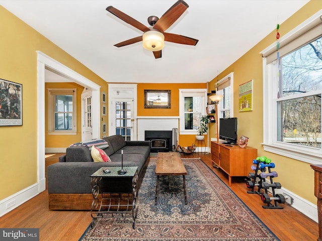 living area featuring plenty of natural light, wood finished floors, and baseboards