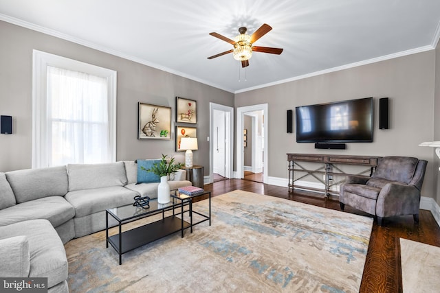 living room featuring crown molding, baseboards, and wood finished floors