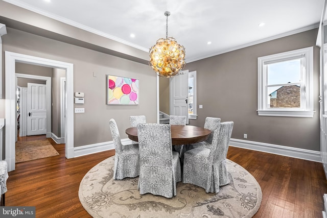 dining room with dark wood-style floors, crown molding, stairs, and baseboards