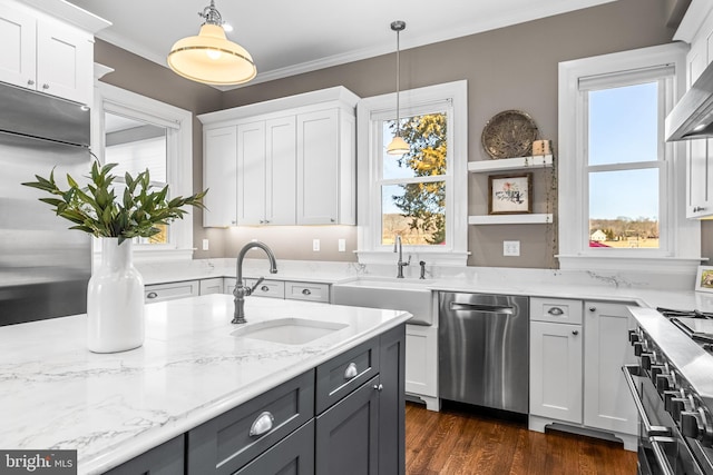 kitchen featuring crown molding, dark wood-type flooring, white cabinets, high end appliances, and a sink