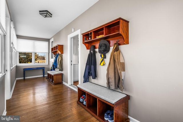 mudroom featuring baseboards and dark wood-style floors