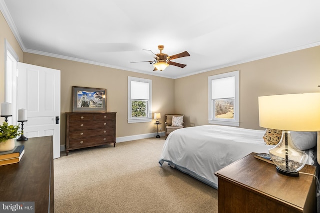 bedroom with ceiling fan, baseboards, light carpet, and ornamental molding