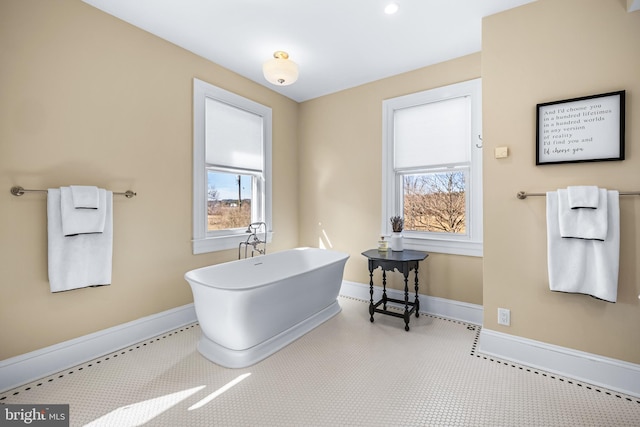 full bathroom with plenty of natural light, baseboards, and a freestanding bath