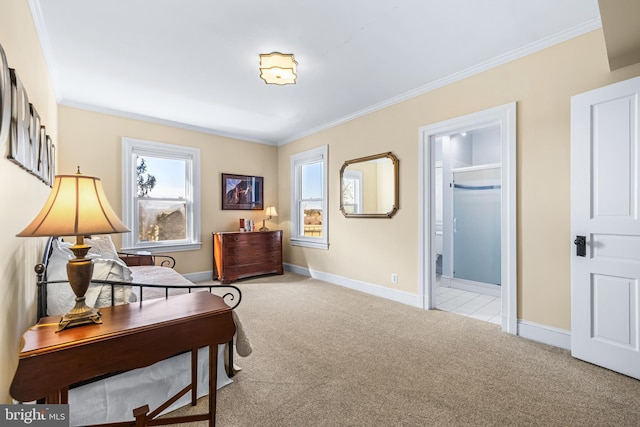 living area with baseboards, light carpet, and crown molding