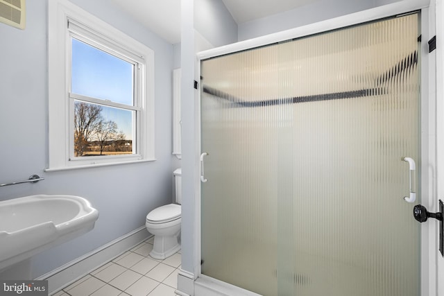 bathroom with baseboards, visible vents, a stall shower, tile patterned floors, and toilet