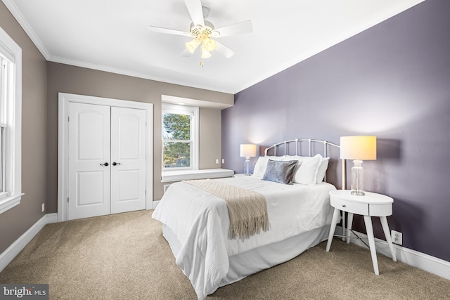 carpeted bedroom with a ceiling fan, baseboards, a closet, and ornamental molding