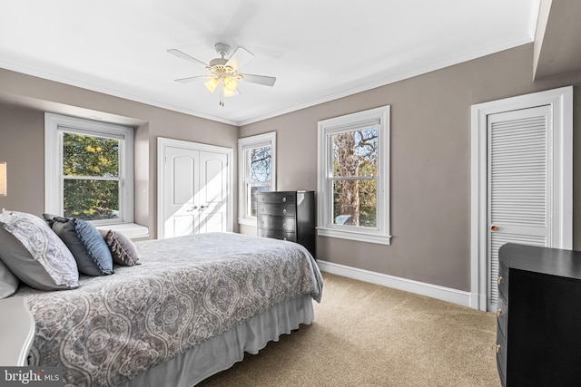 carpeted bedroom featuring baseboards, multiple windows, and crown molding