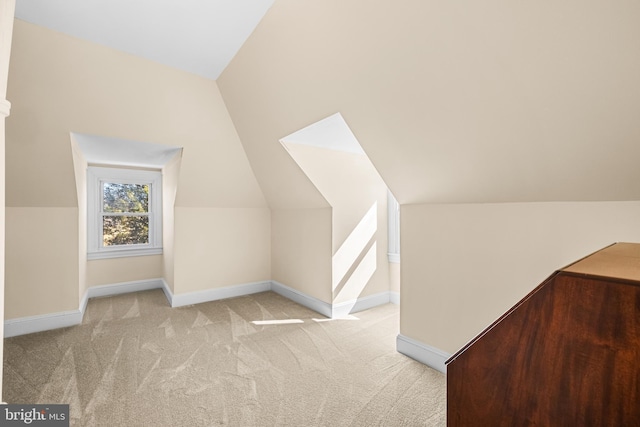 additional living space with baseboards, lofted ceiling, and carpet floors