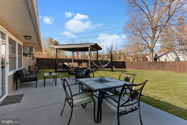 view of patio featuring outdoor dining space, a fenced backyard, and an outdoor hangout area