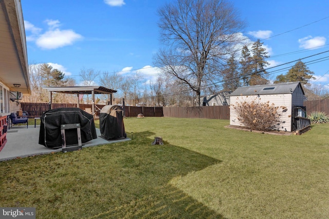 view of yard featuring a fenced backyard, a storage unit, an outdoor structure, and a patio