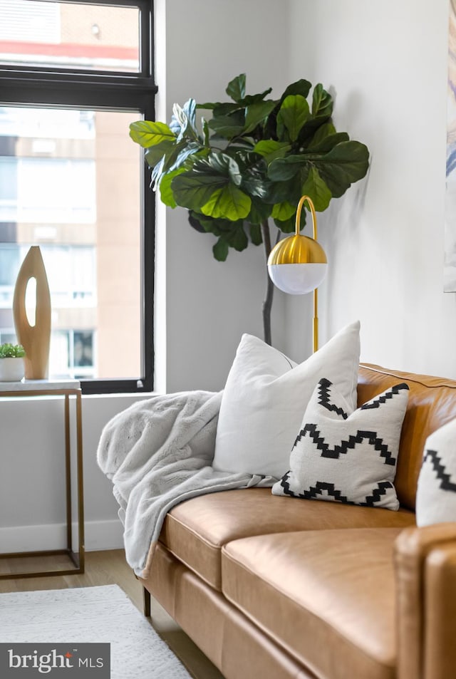 sitting room with plenty of natural light, wood finished floors, and baseboards